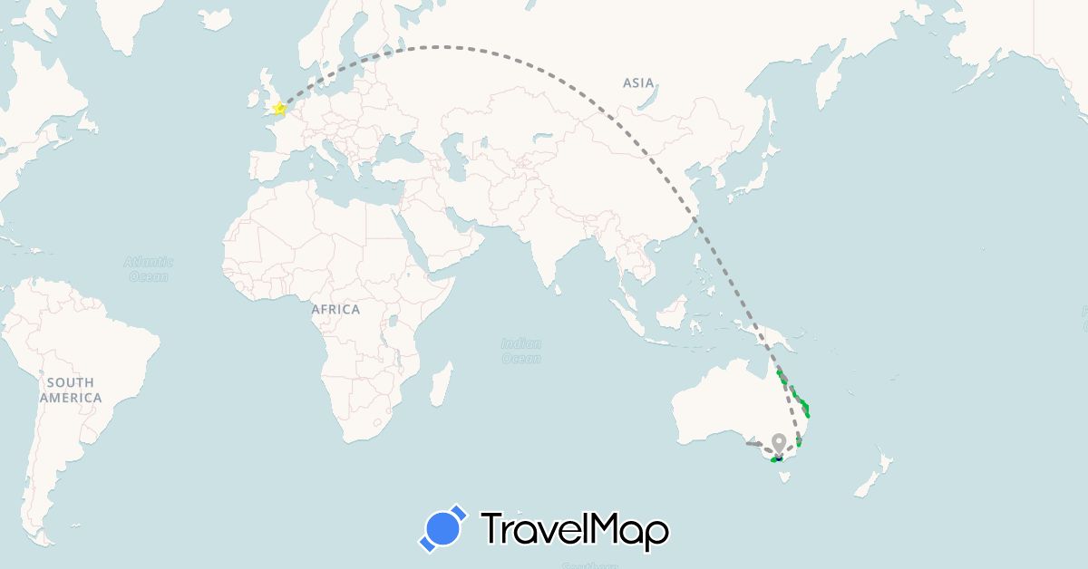 TravelMap itinerary: driving, bus, plane, boat in Australia, United Kingdom (Europe, Oceania)